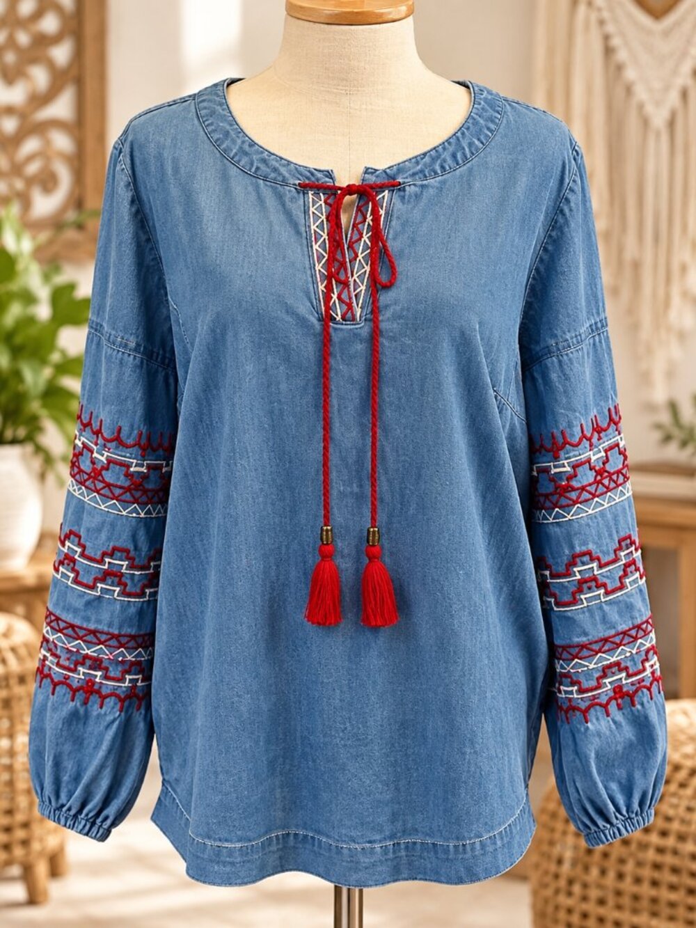 BROOKE SHIELDS Denim Boho Peasant Shirt - M